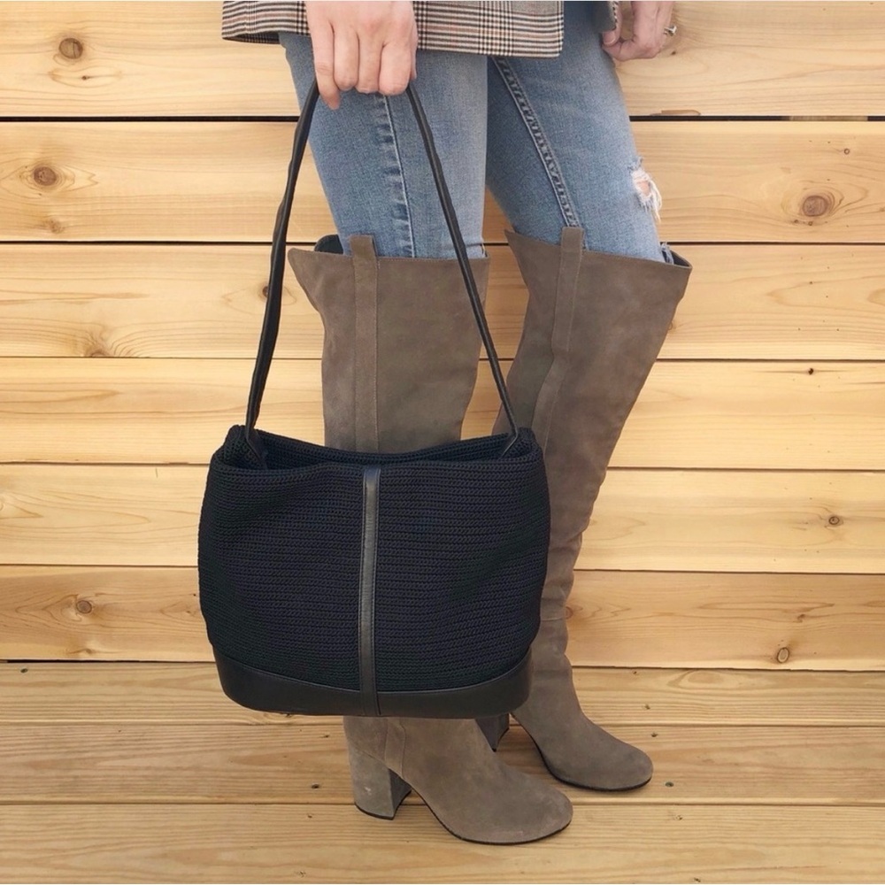 The Sak Pure Leather with Tight Weave Bucket Bag in Black - Soft Leather!